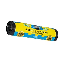 Мешки для мусора 120 л, с ушками, черные, в рулоне 10 шт., ПНД, 13 мкм, 1050х680 мм, Крепакоф, 4607075710436 в Ангарске