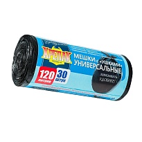 Мешки для мусора 120 л, с ушками, черные, в рулоне 30 шт., ПНД, 15 мкм, 1100х700 мм, Крепак, 4607075710375 в Ангарске
